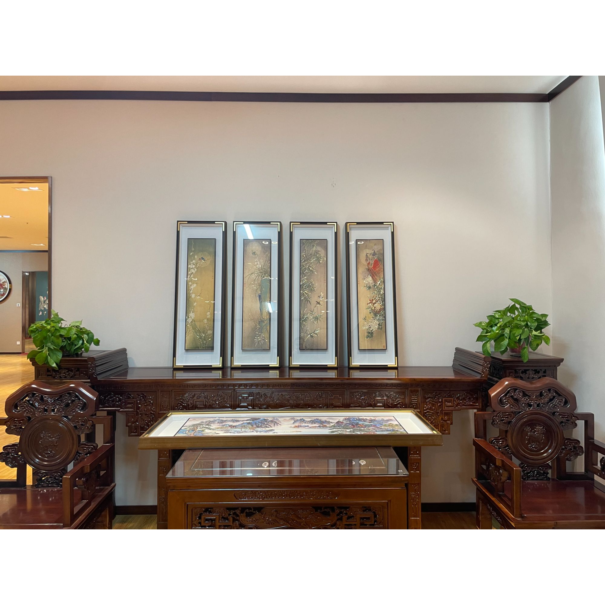 铜小鸭《梅兰竹菊》中堂 茶室 书房 四联屏手工铜雕挂画