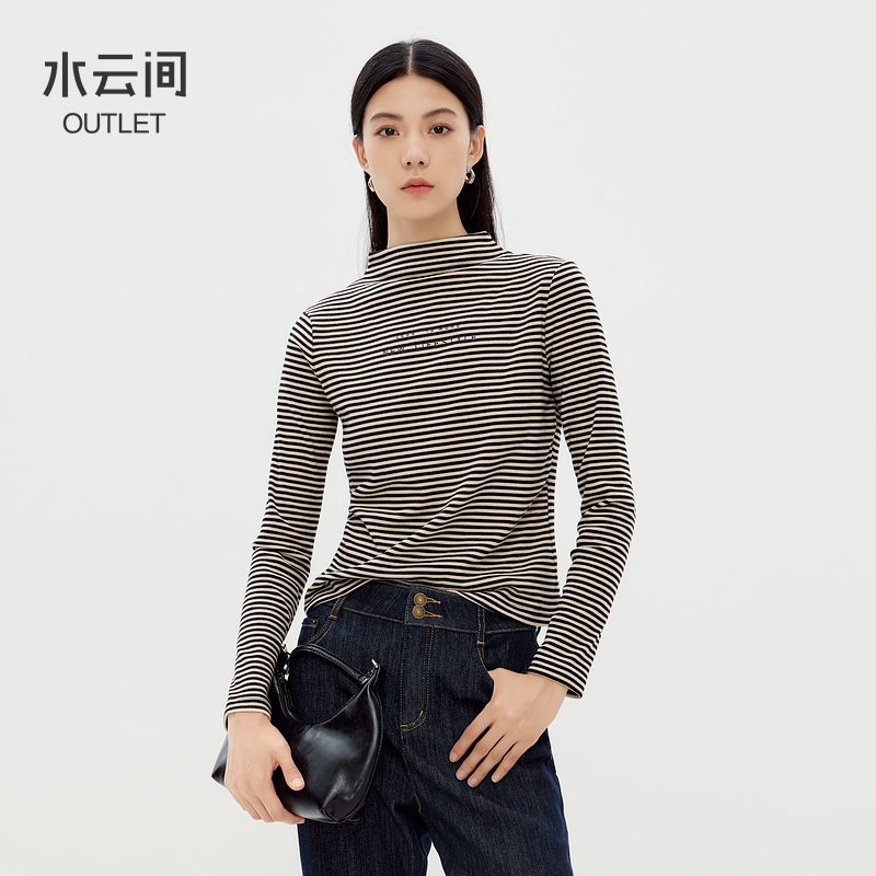 【T恤】水云间条纹半高领毛针织衫女长袖T恤上衣叠穿内搭12340133