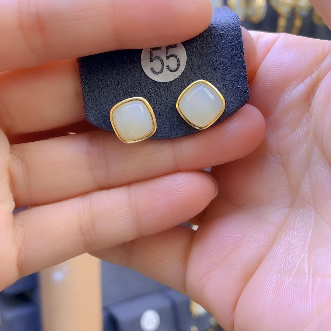 和田玉耳饰银S925镀金镶嵌