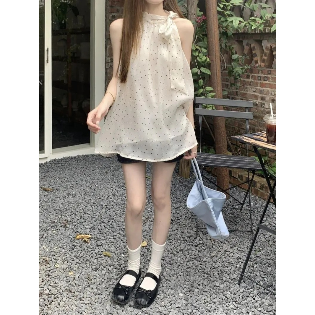 蝴蝶结波点挂脖衬衫女夏季新款法式温柔风无袖衬衣休闲百搭时尚设