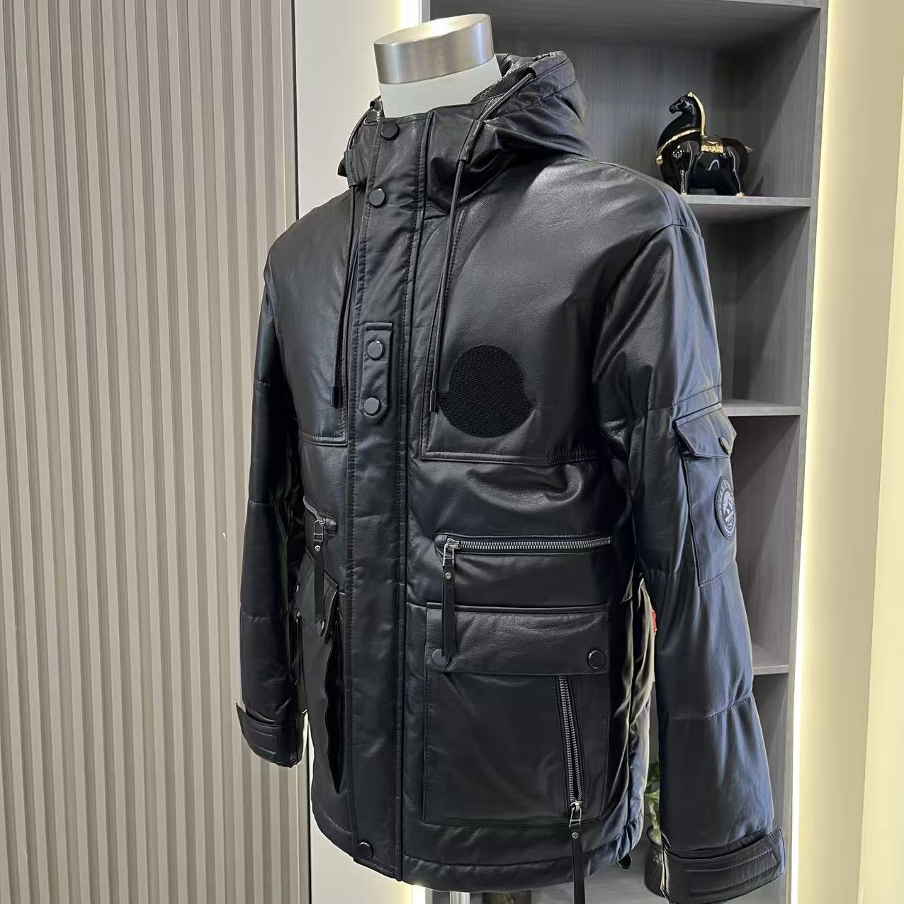 反季淘 头胎牛皮连帽鹅绒服皮衣外套男