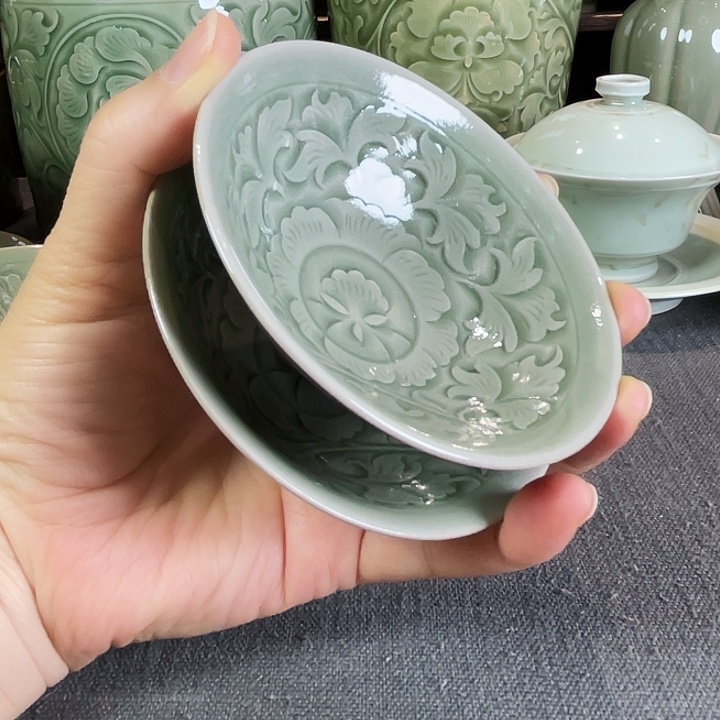 S***y一对耀州窑官唐秘色轮牡丹茶盏