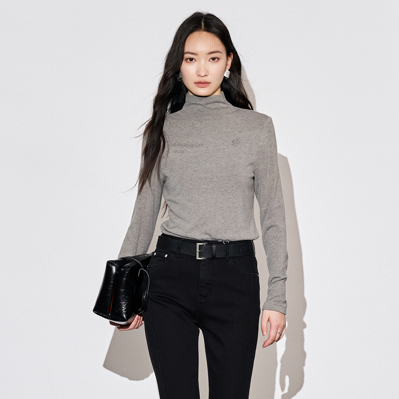 XG雪歌灰色T恤XL301591A884中高领打底衫弹力女