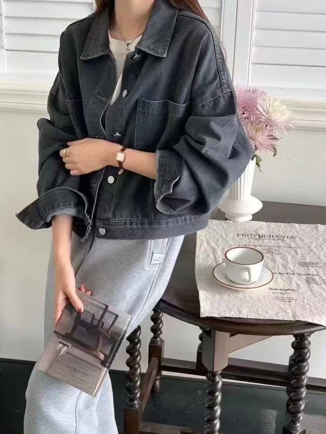 单排扣直下摆薄款宽松女短外套春秋短款复古翻领长袖