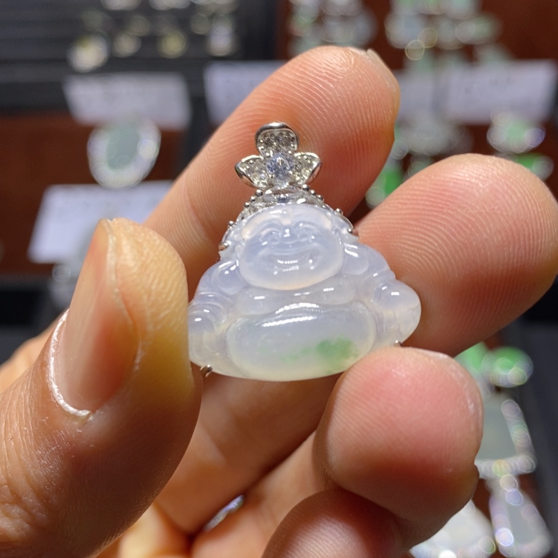 翡翠颈饰银S925镶嵌飘花佛光