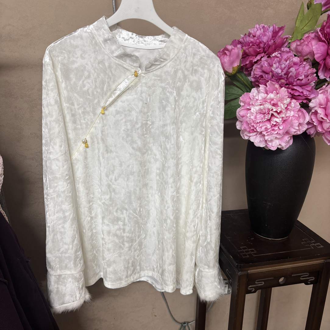 三姐家新中式压花丝绒立领立领打底上衣