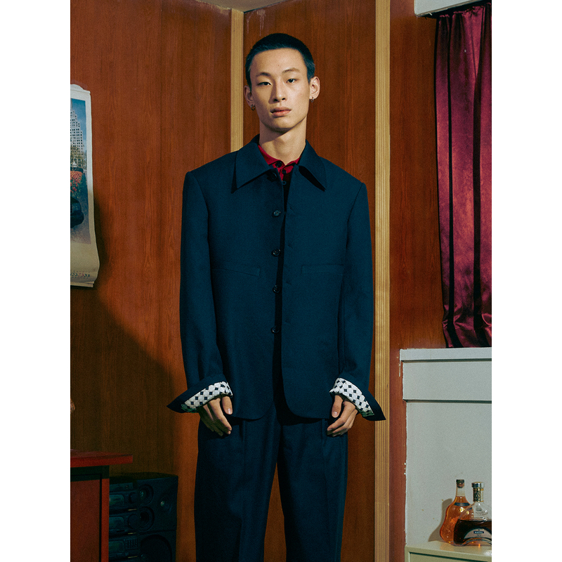 SOD Co. 宽松廓形羊毛老花西装 立体裁剪简约翻领复古外套毛呢