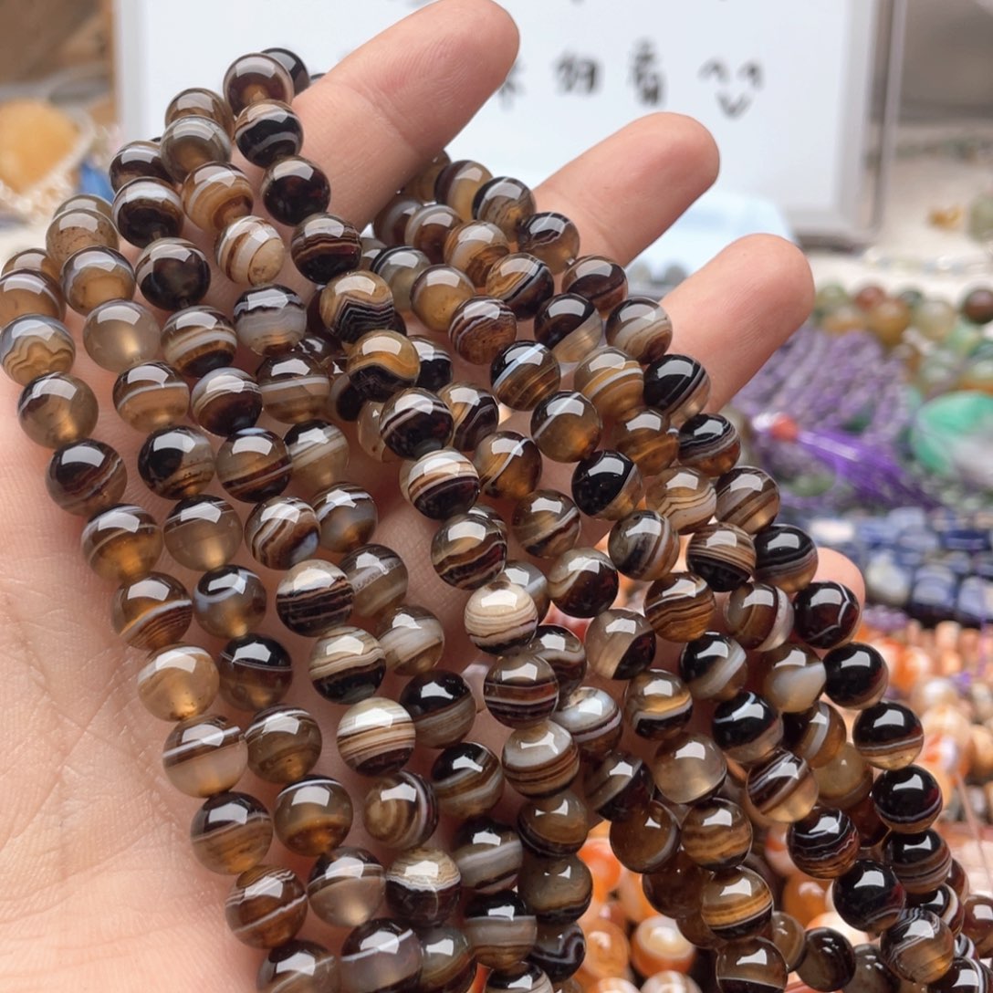 玛瑙/玉髓合金珠宝半成品一条装卡8mm咖啡缠丝玛瑙圆珠