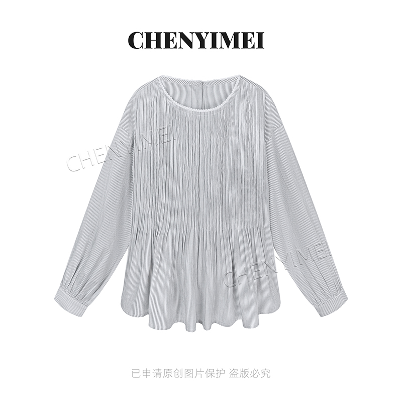 CYM2027韩系蕾丝边圆领后纽扣设计打褶小衫女气质精致娃娃衫
