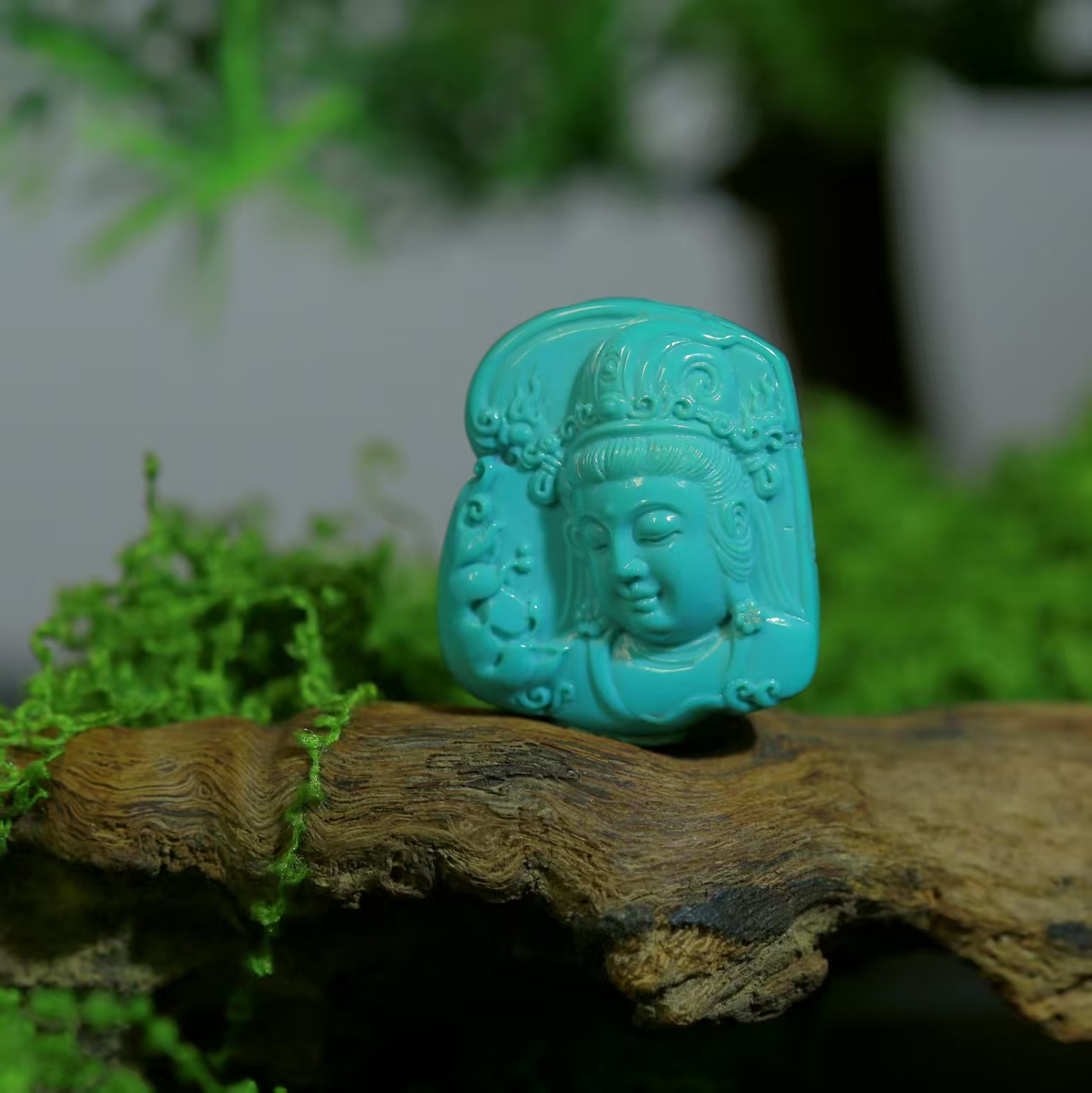 天然原矿绿松石雕刻佛头件可DIY