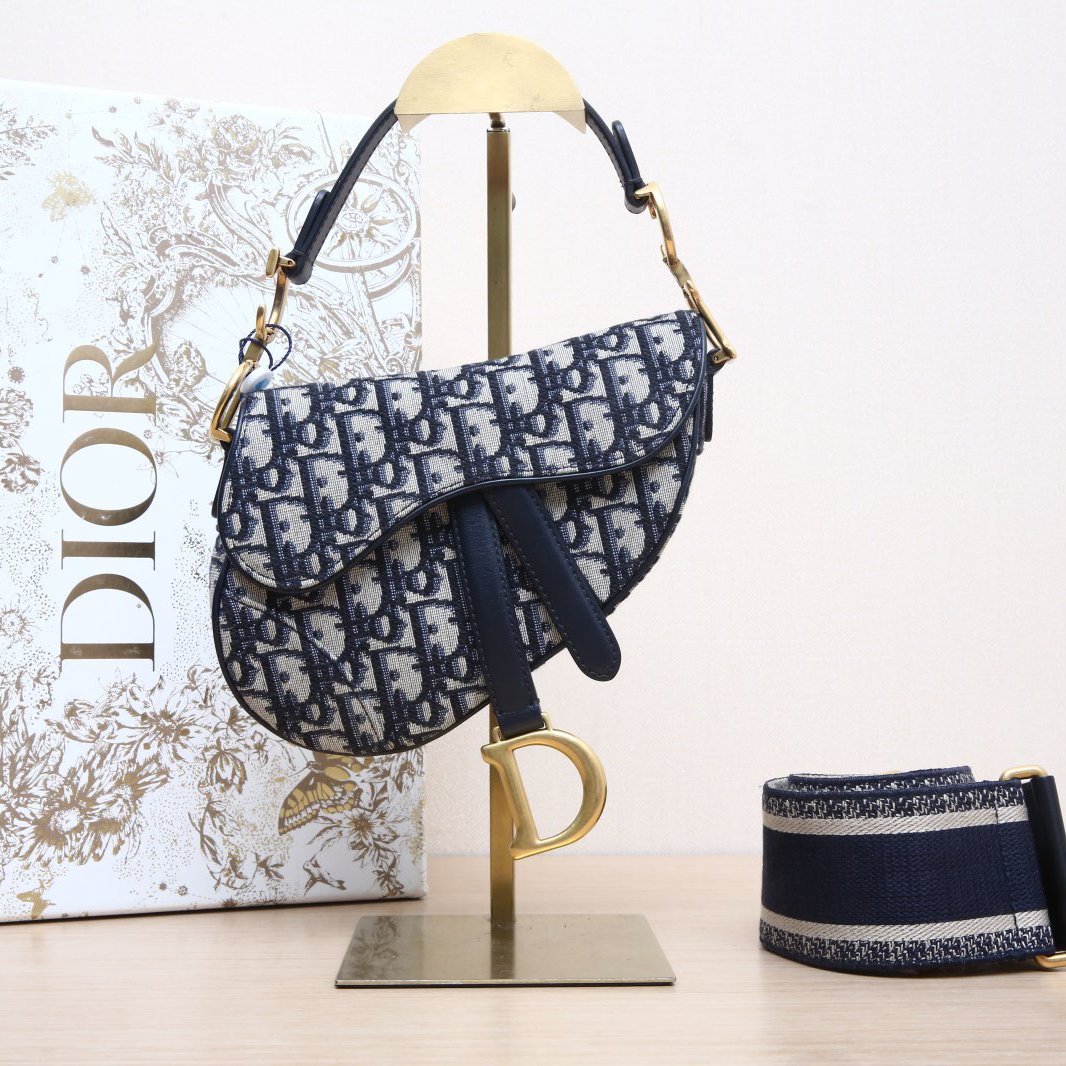 99新 DIOR/迪奥 -180活动攀攀马鞍 小号 21 配肩带 墨蓝色 帆布 