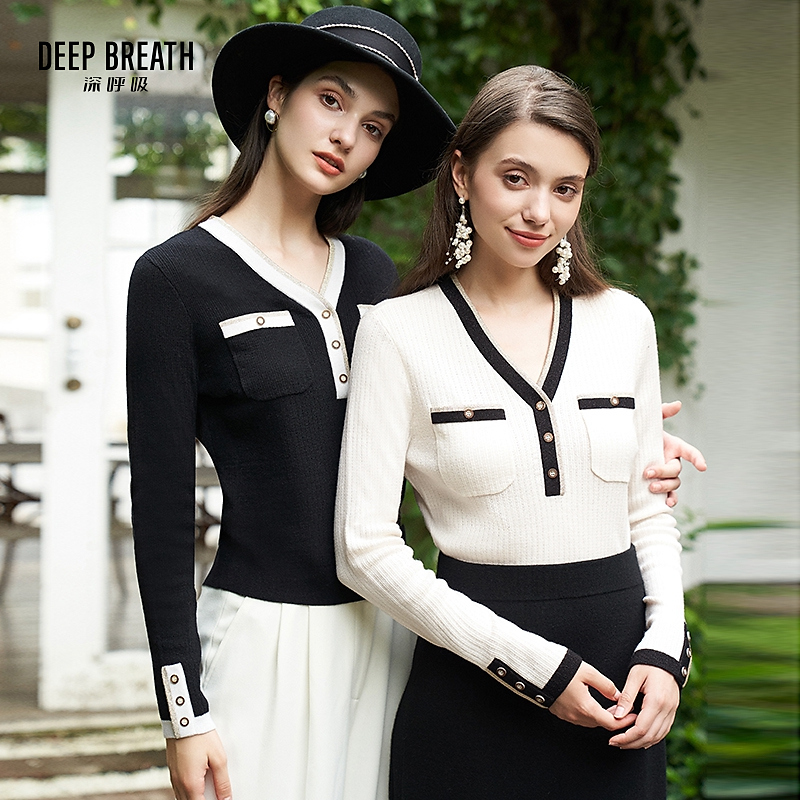 DEEP BREATH深呼吸女装新款拼色气质小香风针织衫女上衣A301120