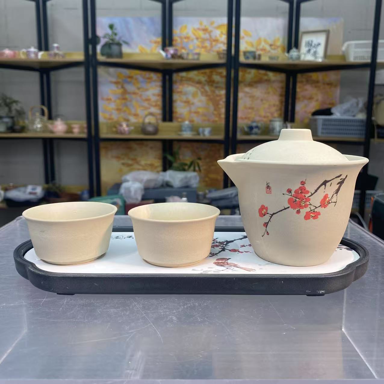 莉火火茶器 粗陶梅花手抓旅行快客一壶两杯+盘-2473
