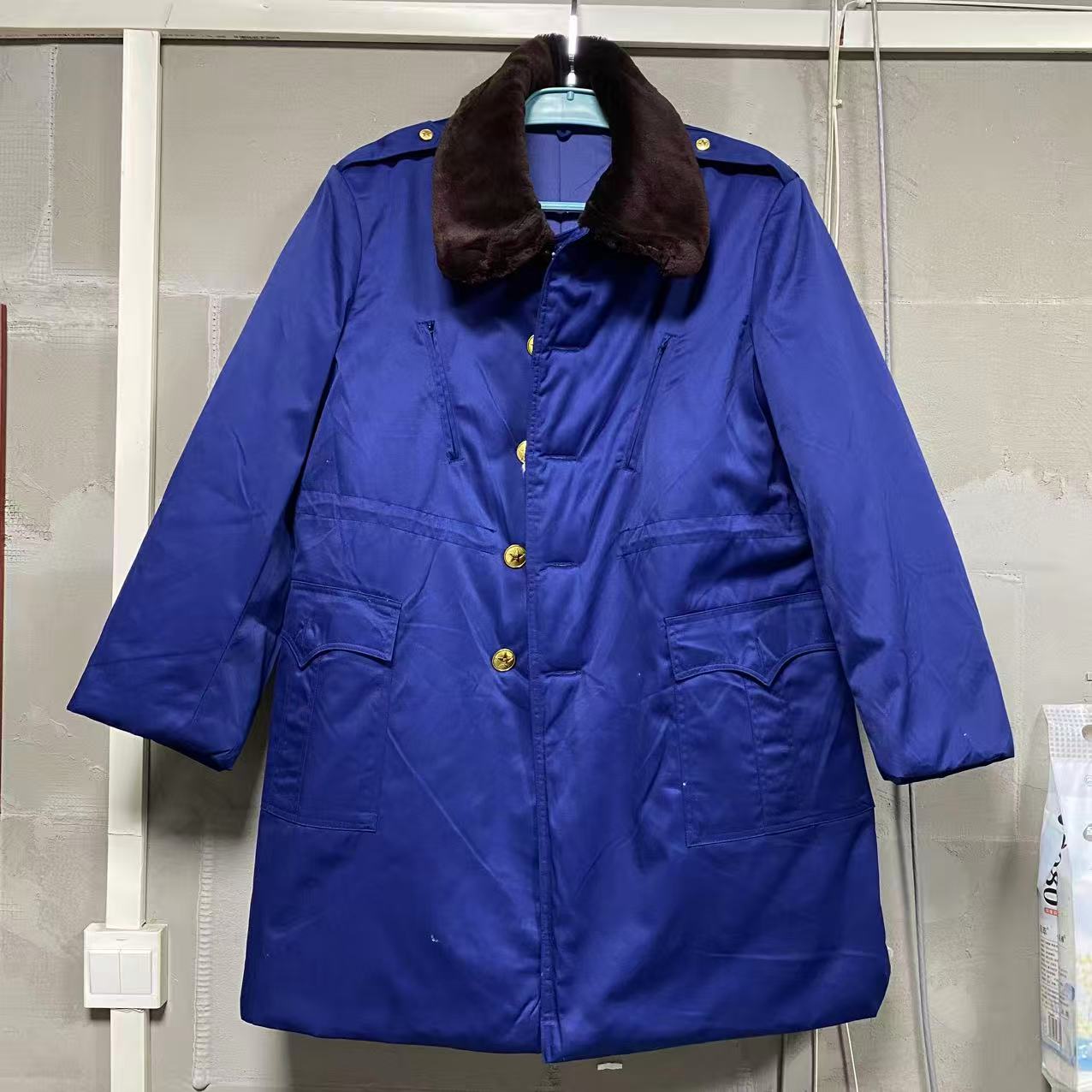 老87海蓝干款棉大衣  涤卡涂层防雨棉大衣 腰封黄扣子款 防寒