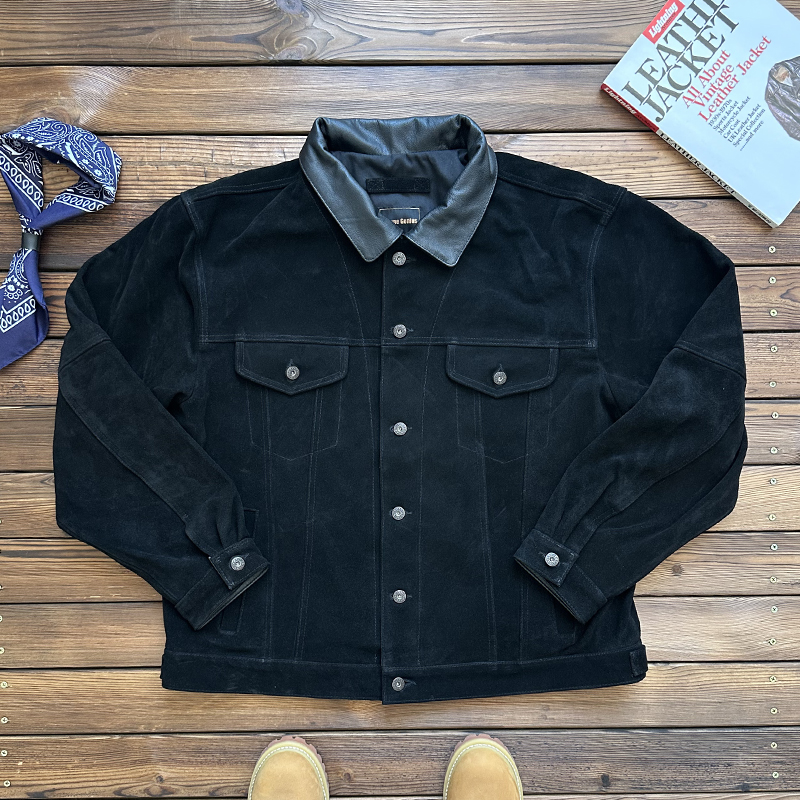 男牛反绒牛皮大码507牛仔夹克真皮皮衣美式宽松廓形复古翻领外套