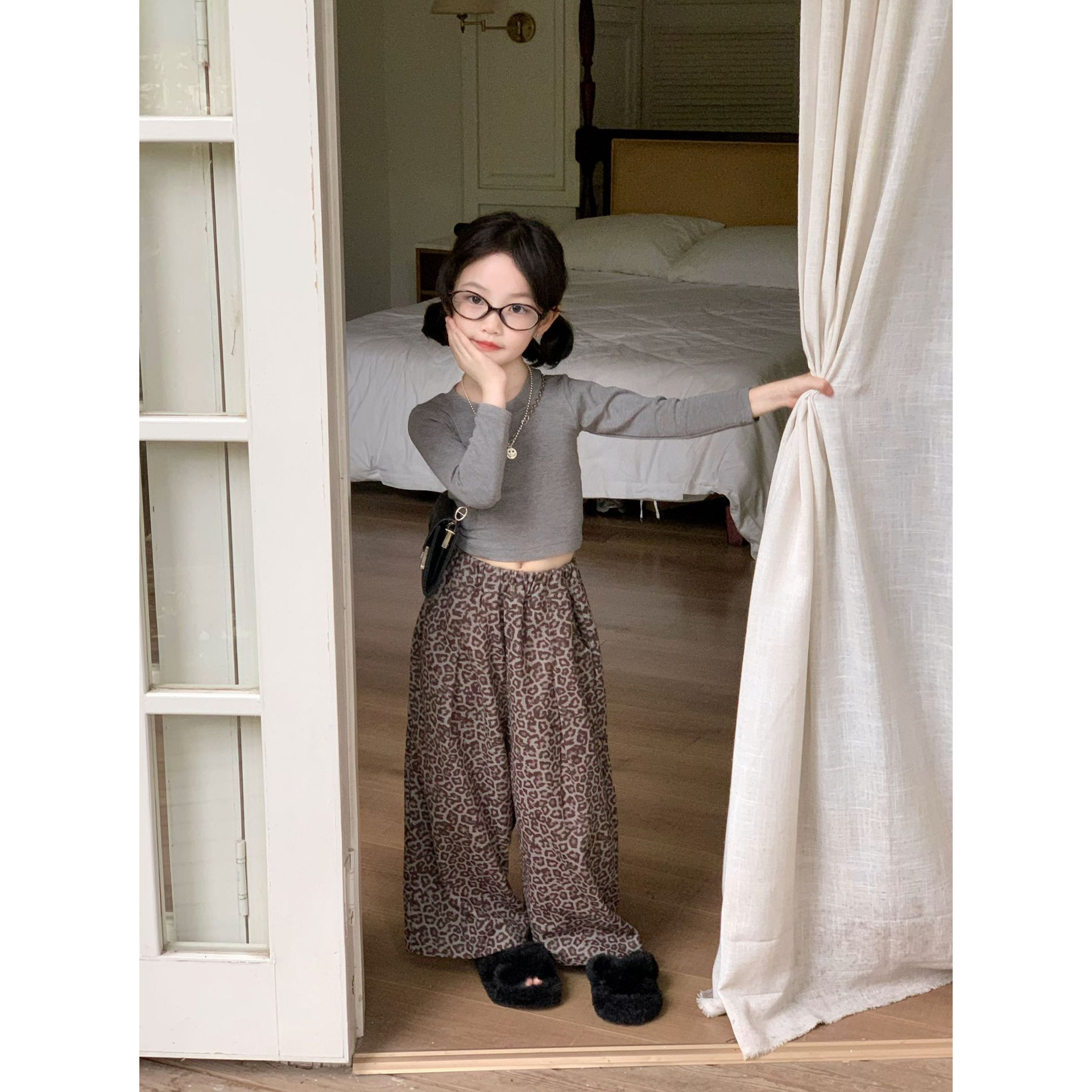 小粉象 ·女童2025秋季新款韩版修身款辣妹打底衫豹纹直筒裤套装