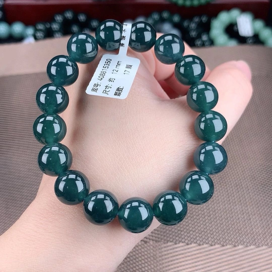 正品天然翡翠A货12m深色蓝水起胶翡翠手链手串玉手串百搭气质幽灵
