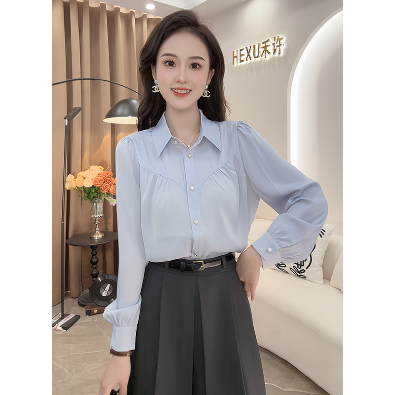 蓝色褶皱长袖衬衫女2024秋季新款百搭时尚气质设计感别致衬衣上衣