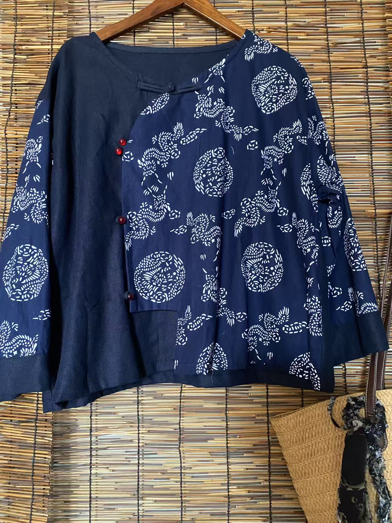 新中式国风复古提花深蓝色麻料拼接上衣，时尚，个性