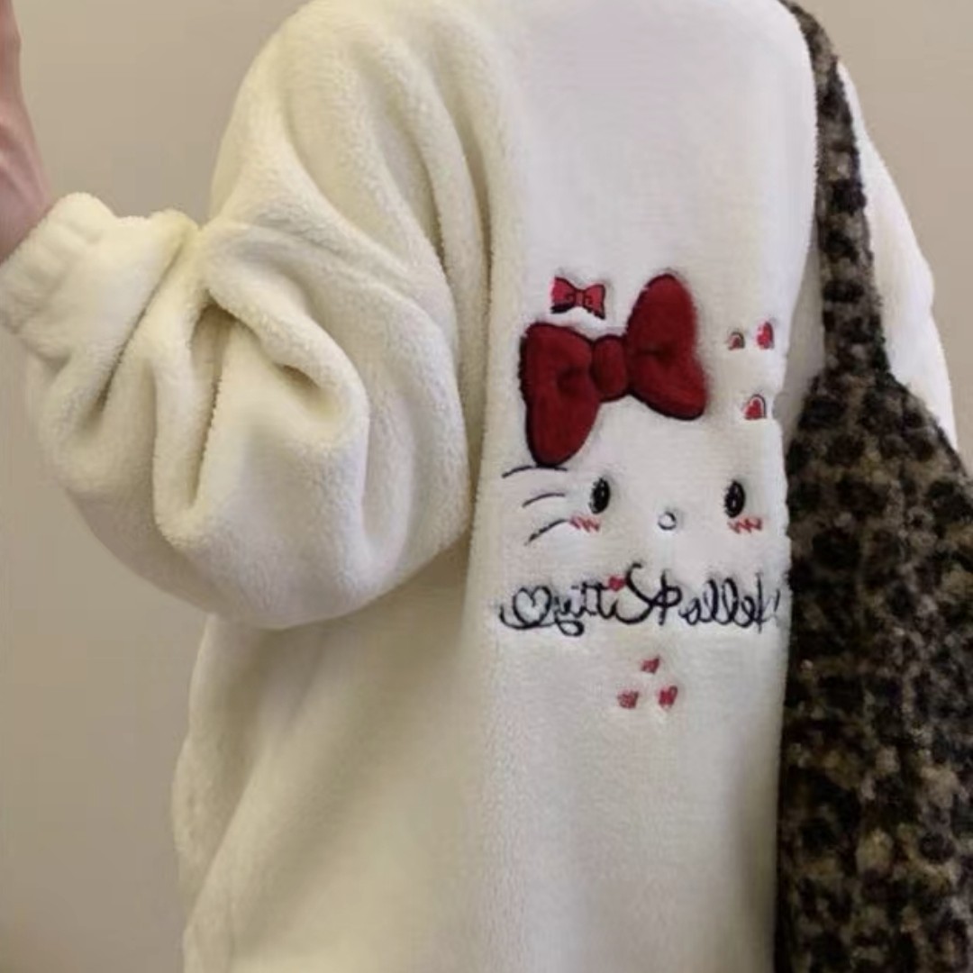猫咪后背重工刺绣加绒加厚连帽外套韩版宽松毛绒绒冬季新款
