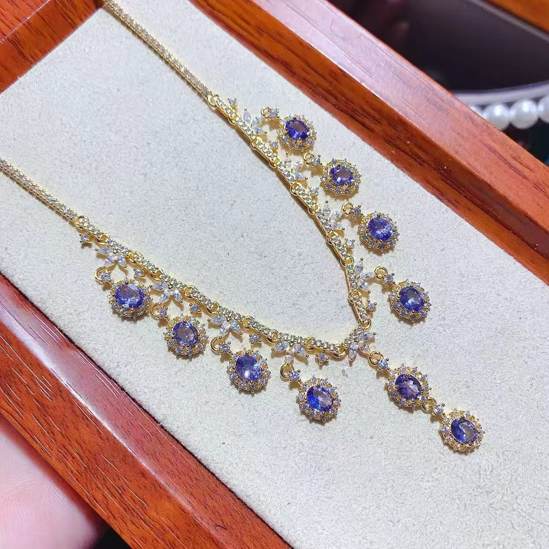 925银豪镶天然坦桑宝石套链，晚礼服高贵设计精美大气款式气质