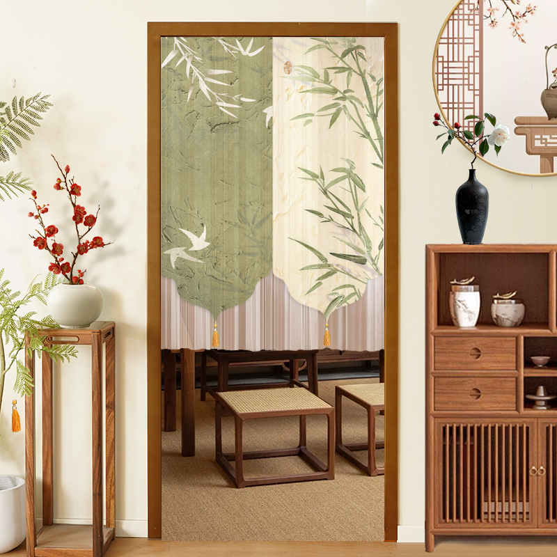 门帘竹节纱印花四季通用房间隔断遮挡帘家用免打孔布艺半帘隐私帘