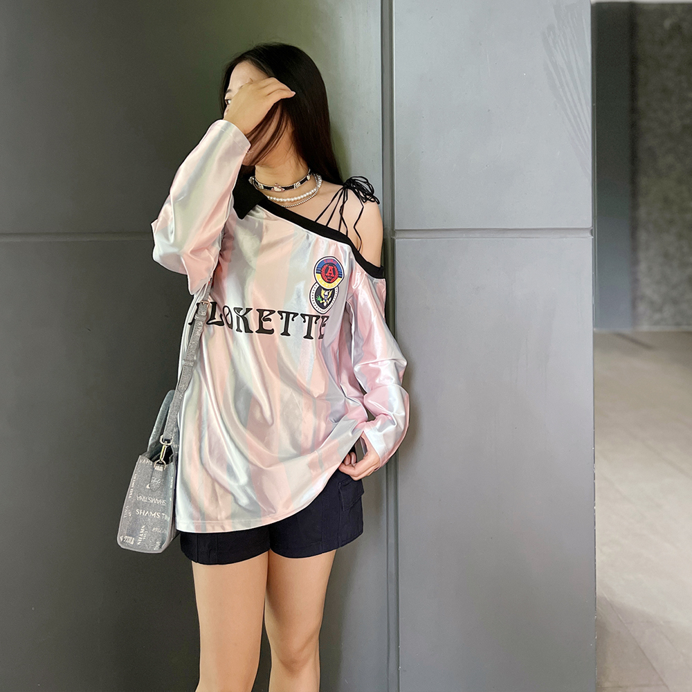 美式复古辣妹缎面印花夏季单肩吊带上衣宽松显瘦条纹球衣T恤长袖