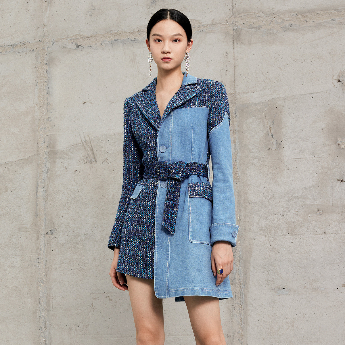 【毛毛专属】MAXRIENY气质撞色牛仔拼粗花呢长款外套长修身显瘦外套