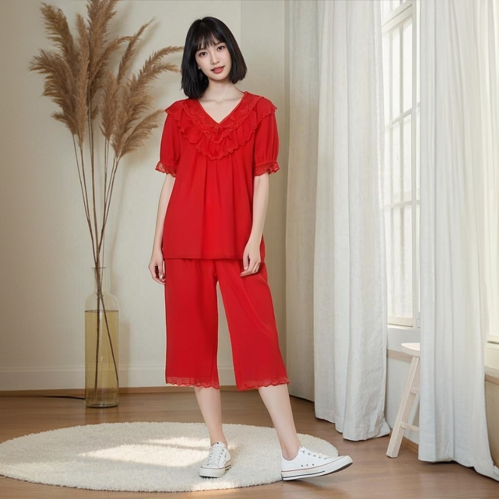 金黛儿2025夏季新款七分裤拉架爽棉睡衣套装女高档花边减龄宫廷风