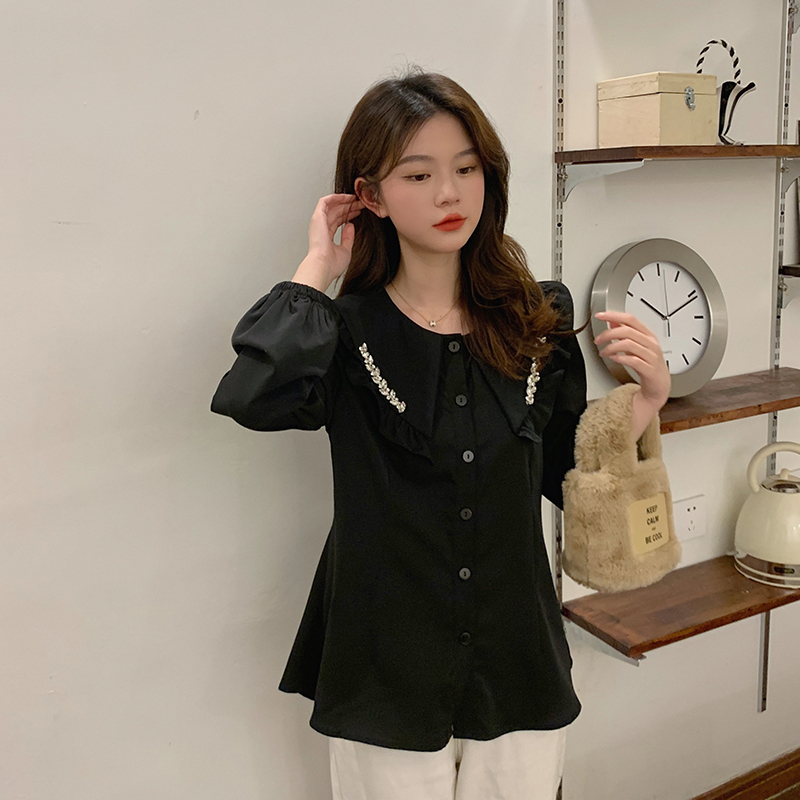 清长12078胖妹妹大码2024秋装钉钻木耳边娃娃领衬衫收腰显瘦小衫