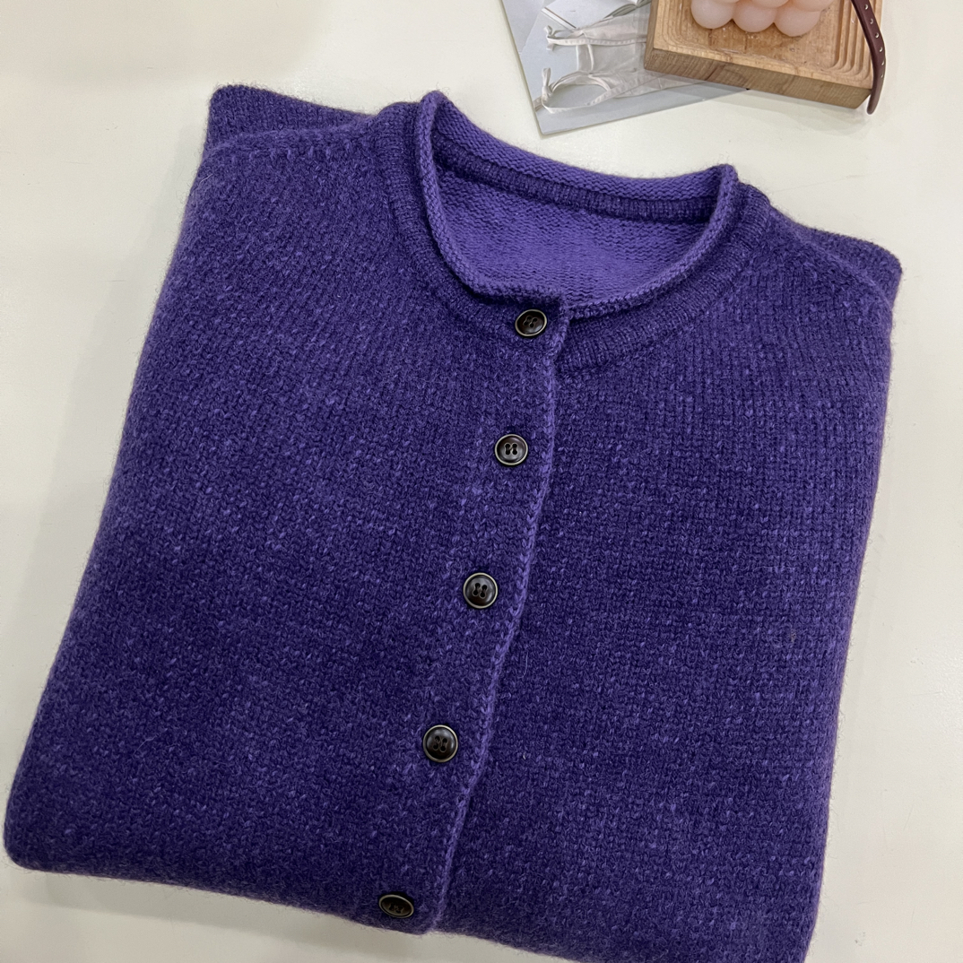 绒品 韩系花纱卷边圆领加厚开衫针织衫