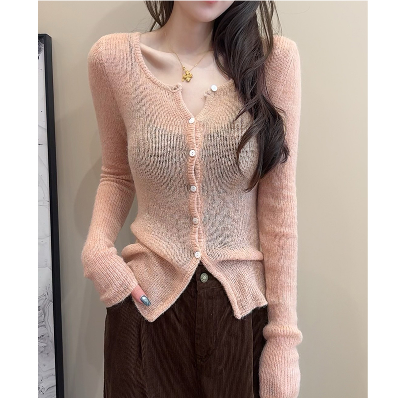 不扎不痒 中比例马海毛 秋冬长袖修身显身材粉色毛衣开衫女针织衫