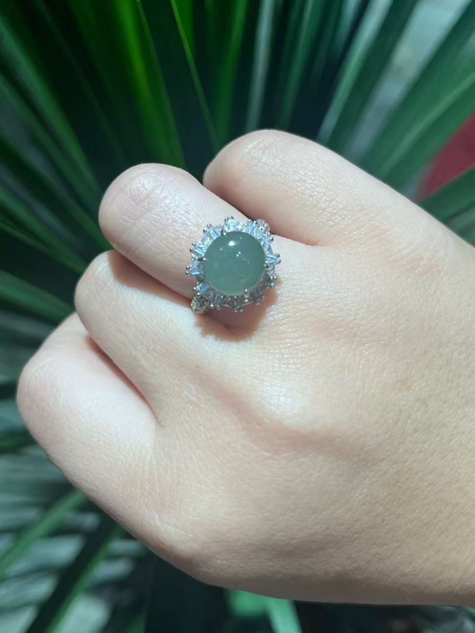 翡翠925银镶嵌轻奢开口戒指