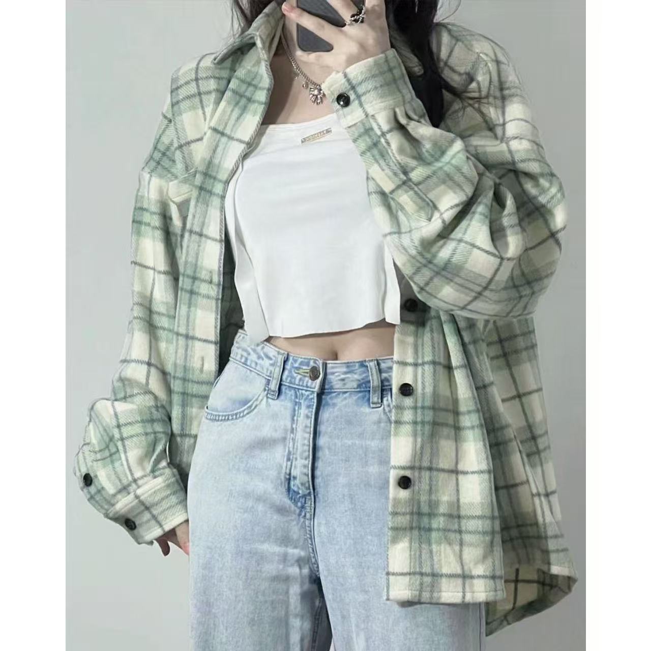 宽松衬衣长款格子489