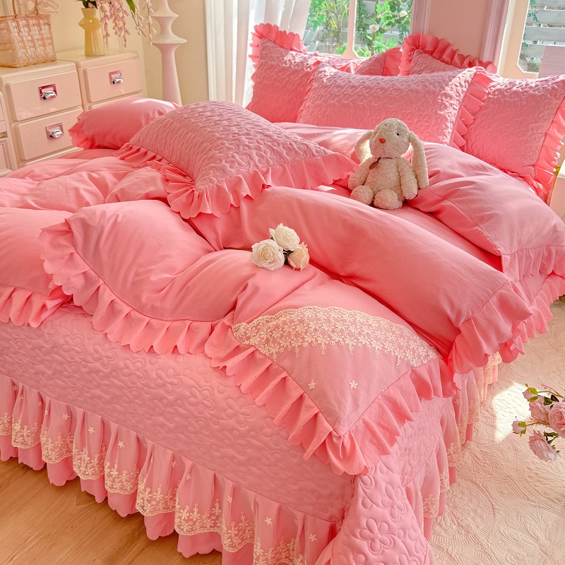 网红款蕾丝床盖四件套公主风轻奢纯色卧室床品床上用品三件套四季