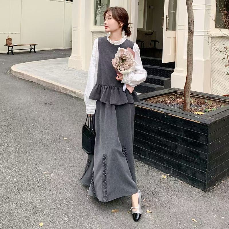 减龄松弛感穿搭套装裙女秋韩系木耳边假两件上衣半身裙两件套