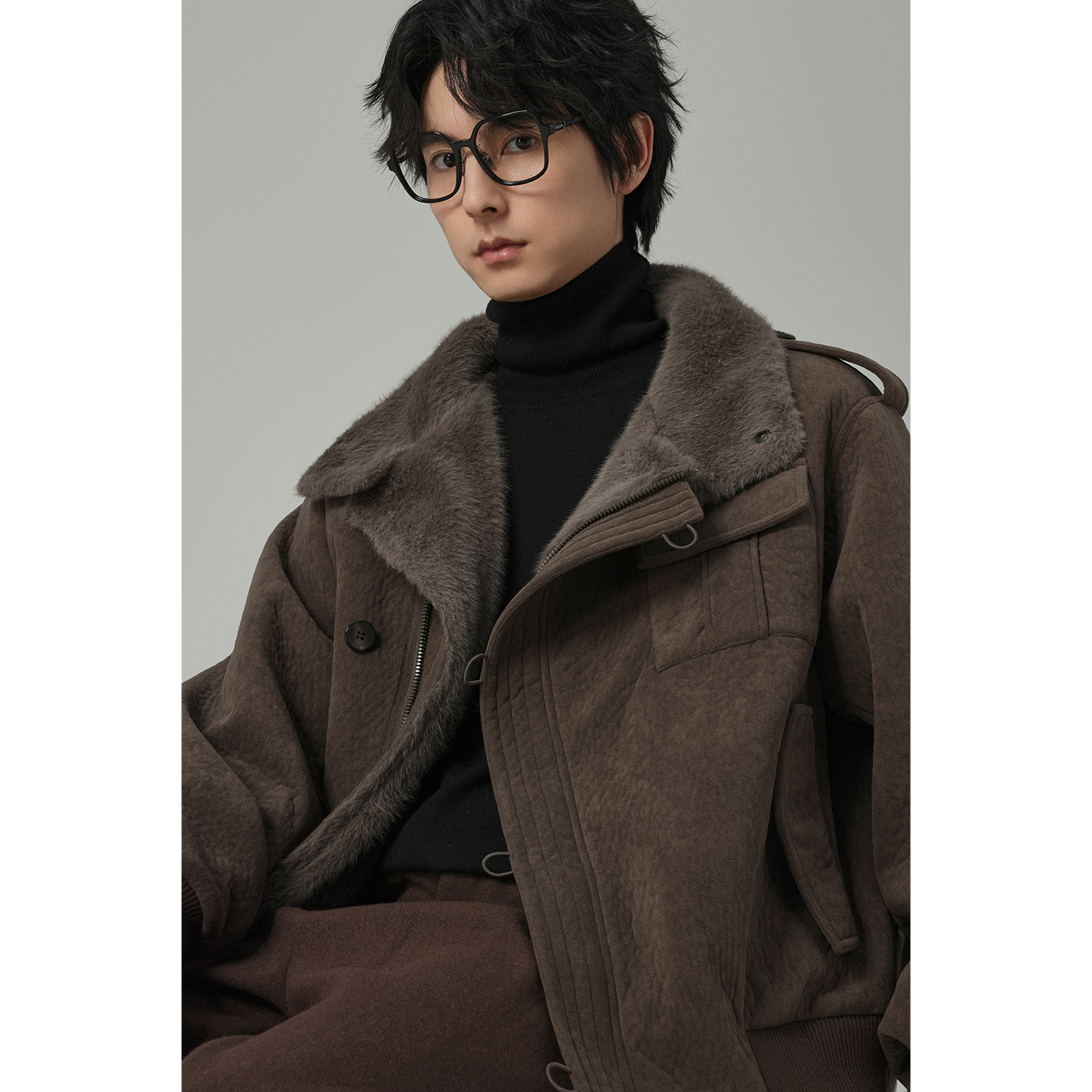 加厚保暖男士短款冬季翻毛皮设计款夹克宽松百搭肌理感时尚外套61