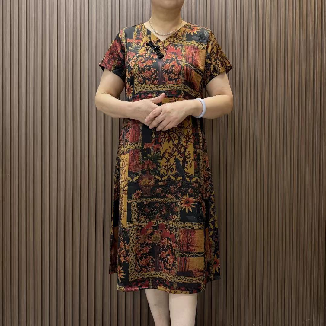 夏季洋气时尚显瘦气质印花中老年宽松中长款遮肚妈妈装女装连衣裙