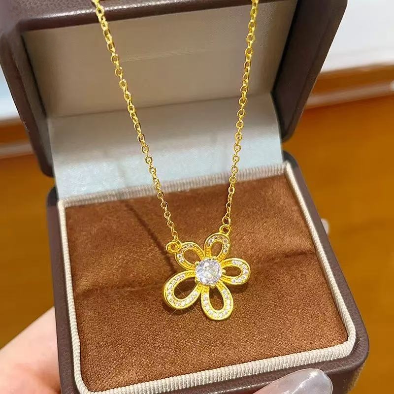 铜合金项链 气质轻奢镶钻太阳花项链金色精致满钻