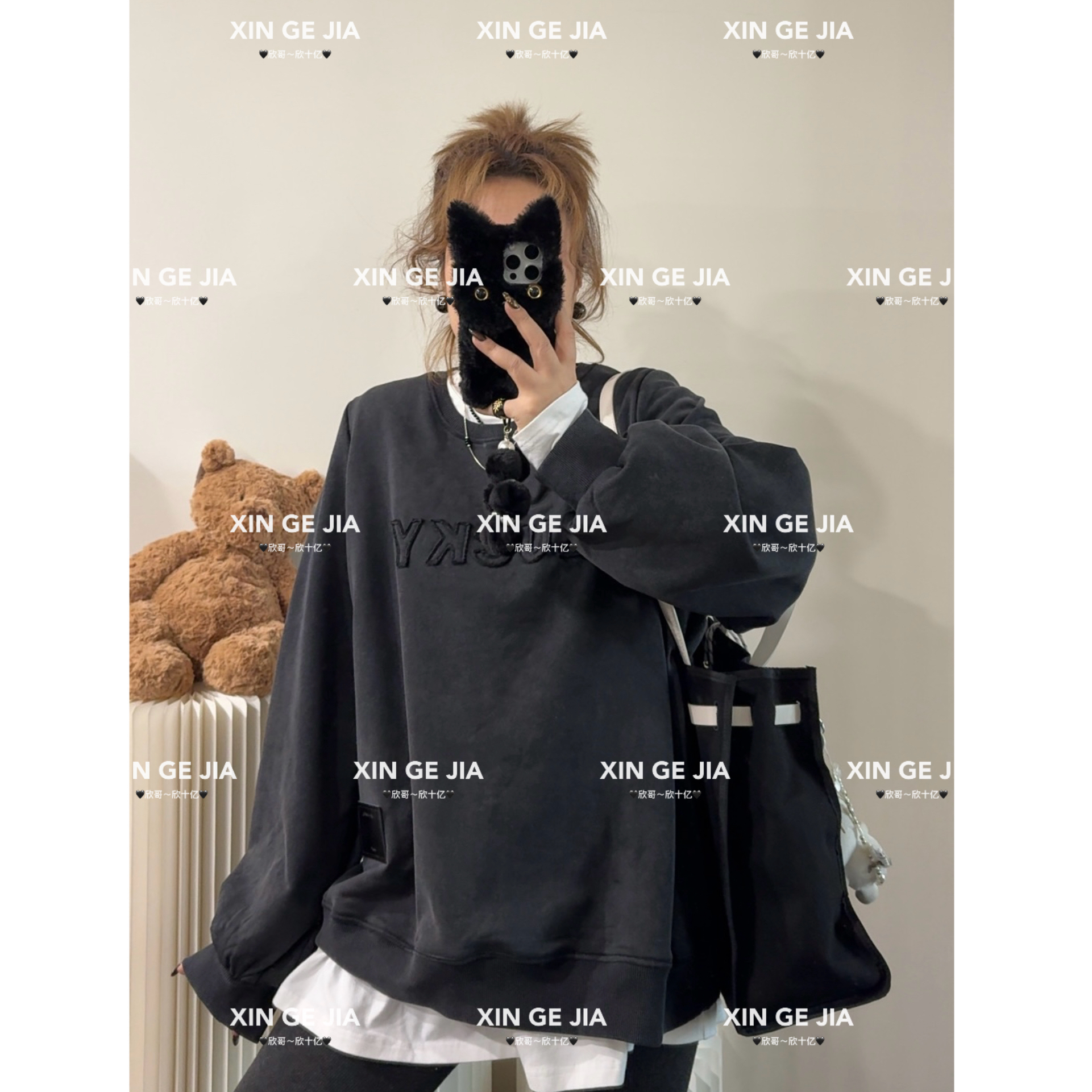 【欣哥家】“Lucky”加绒正肩 洗色微胖大码 卫衣（不含白色内搭）