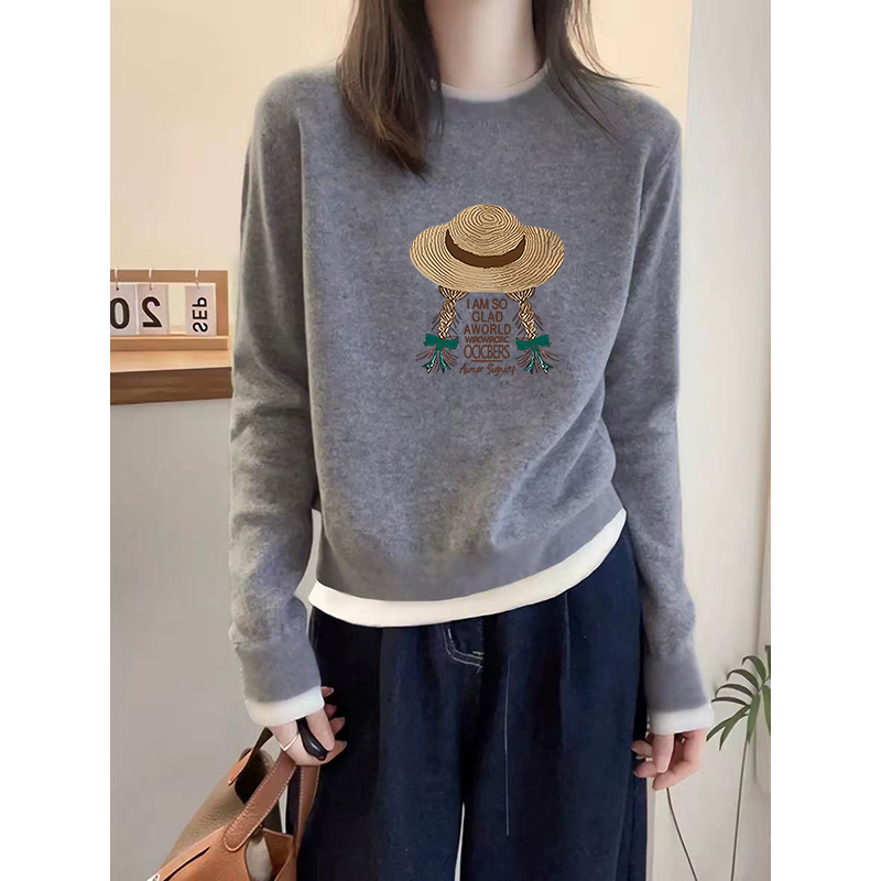 秋冬季双面德绒加厚款灰色假两件撞色长袖T恤女打底衫百搭上衣