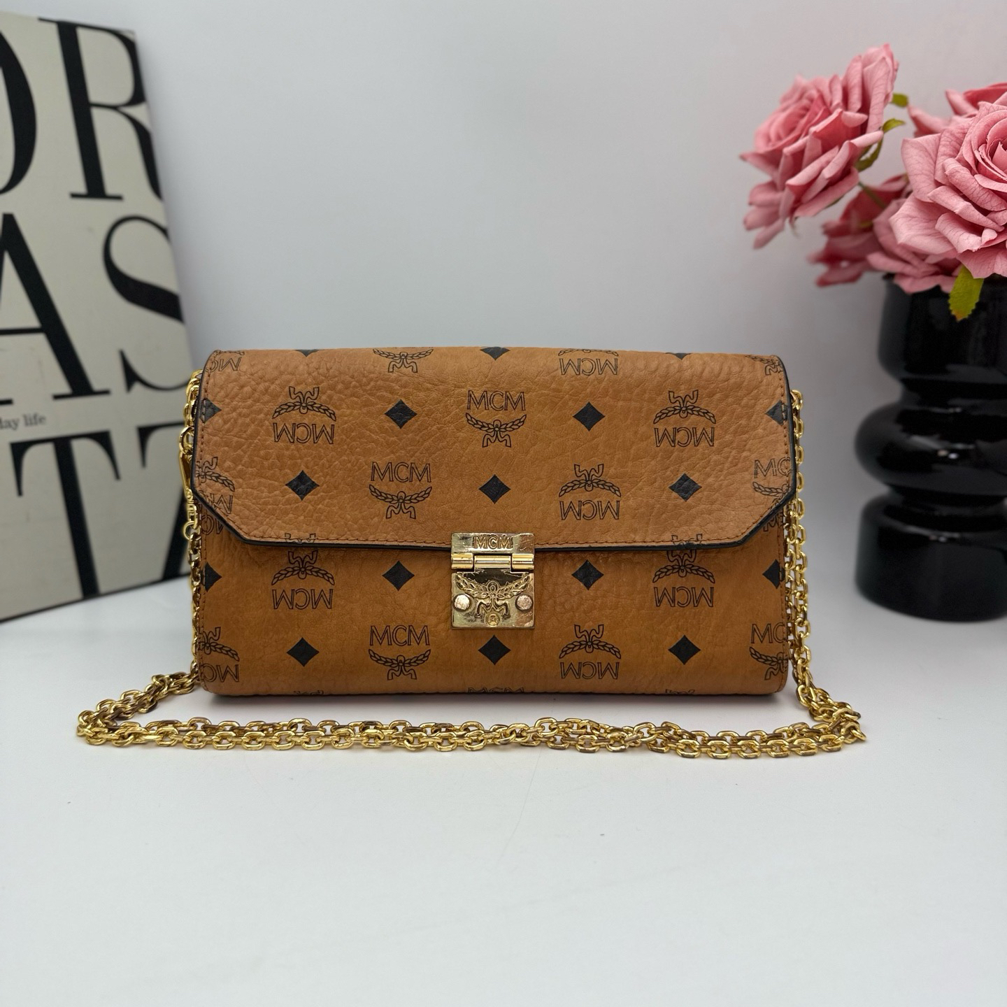 95新 MCM MCM xy 9456干邑色信封包中号14x24