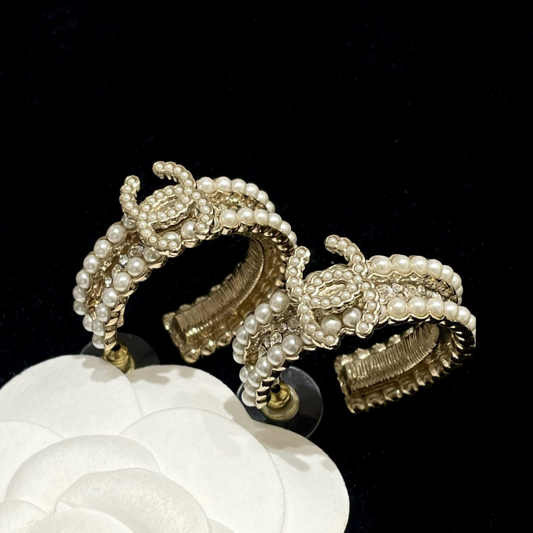 95新 Chanel/香奈儿 Chanel21k珍珠带钻双c重工耳圈耳环11127827