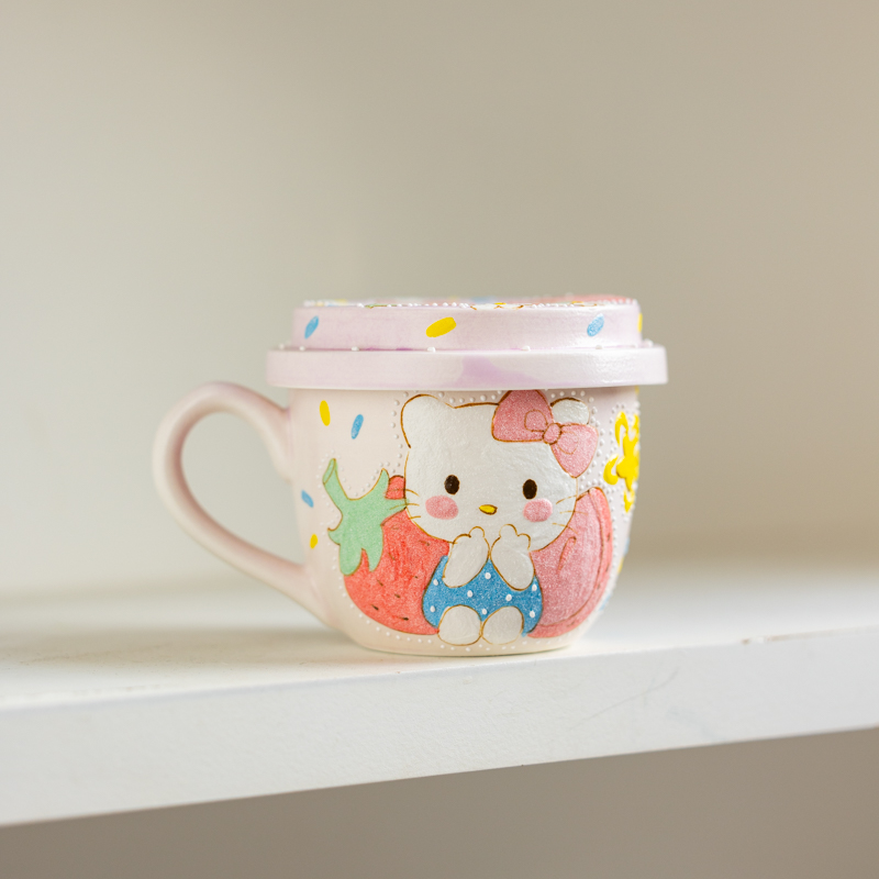 141  Kitty手绘岩彩带盖水杯