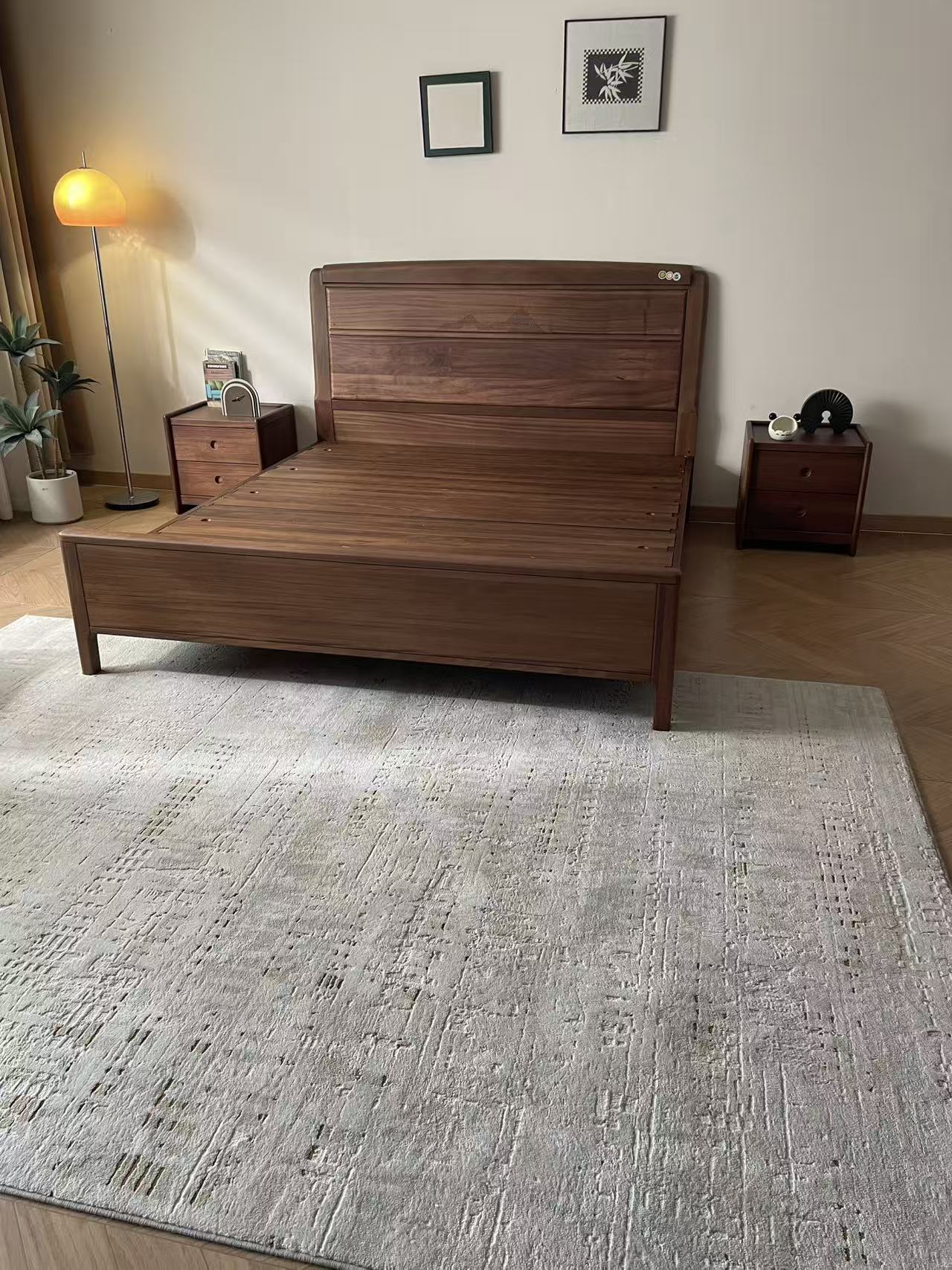 中式轻奢2人轻奢原木色胡桃木实木大床现代简约实木床