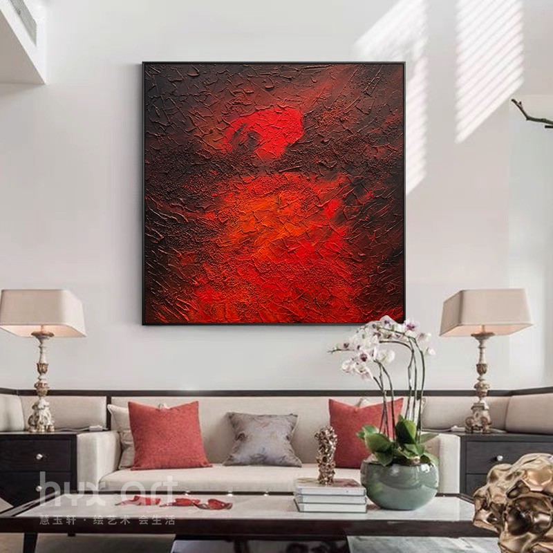 手绘油画《炽热红韵》客厅轻奢肌理画红色抽象画玄关卧室挂画装饰画