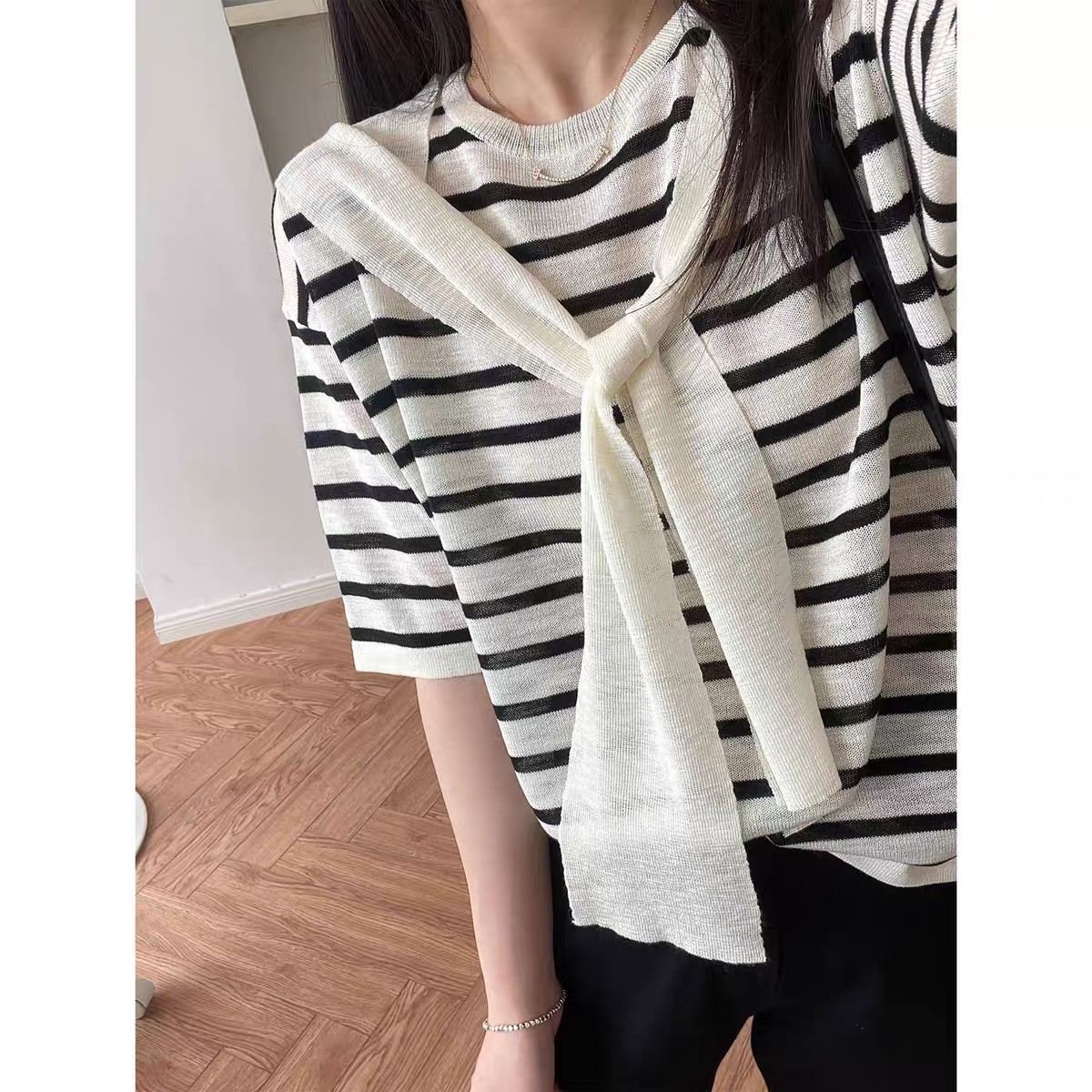 【白色】3090超柔软新款高品质圆领假两件上衣