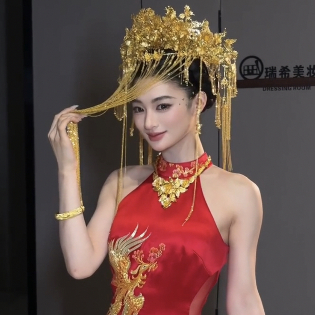 合金仿水晶婚庆饰品 新款金色中式面帘冠可拆卸大气精致百搭款