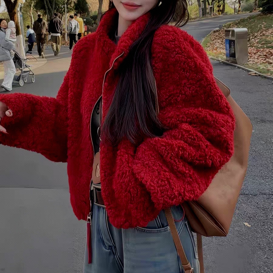 5881立领下抽绳拉链款卷毛皮毛外套