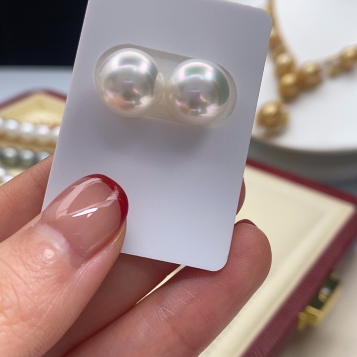 海水珍珠未镶嵌颈饰11.4mm冷青光澳白耳钉